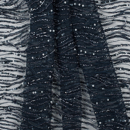 Beaded and Sequined Lace with Scallop Edge - Dark Navy Abstract Detail