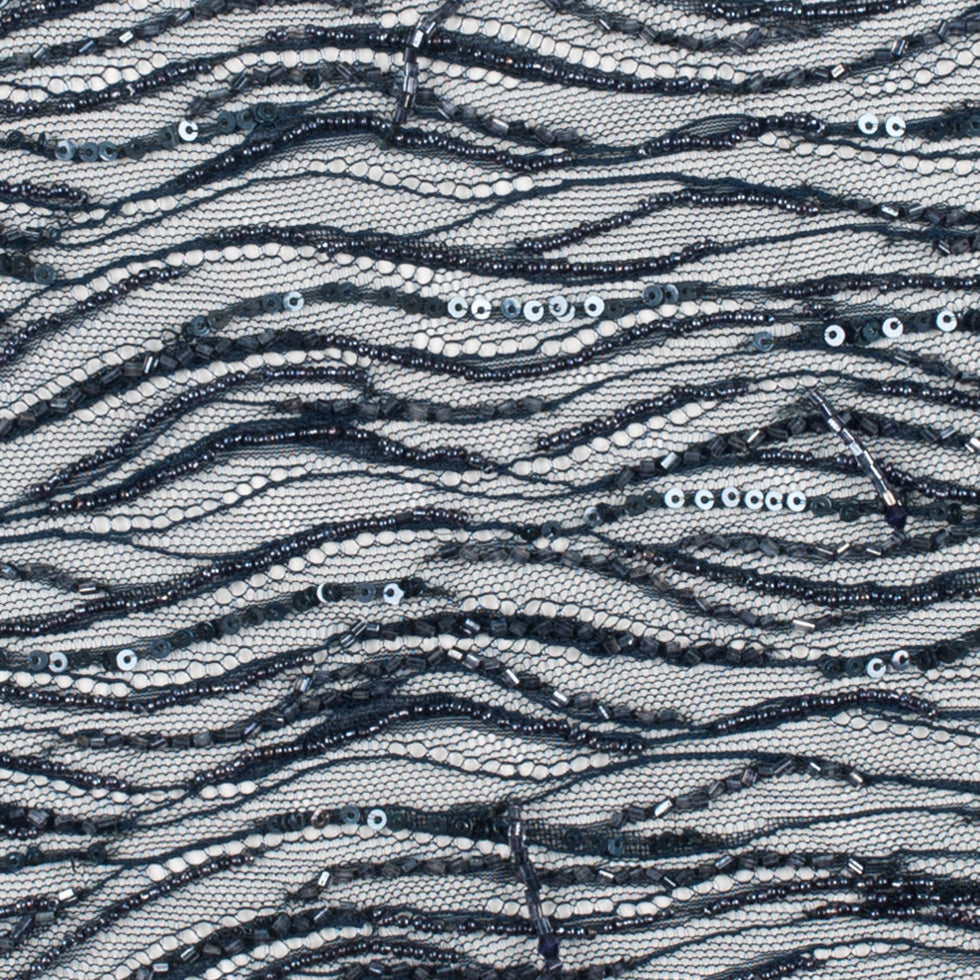 Beaded and Sequined Lace with Scallop Edge - Dark Navy Abstract Full