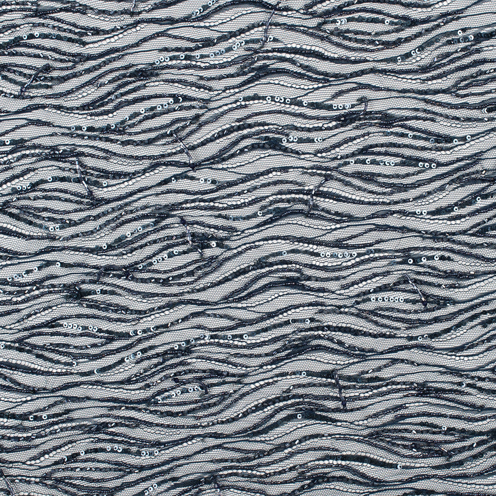 Beaded and Sequined Lace with Scallop Edge - Dark Navy Abstract