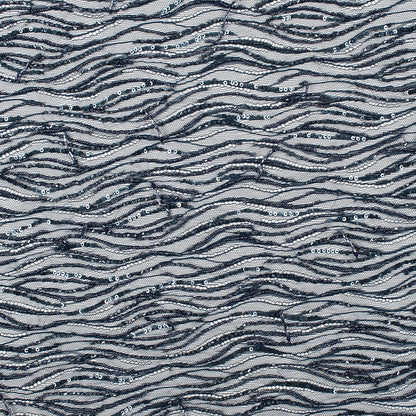 Beaded and Sequined Lace with Scallop Edge - Dark Navy Abstract