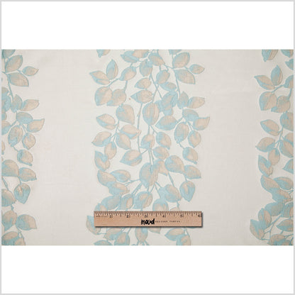 Ivory and Aqua Columns of Leaves Brocade Full