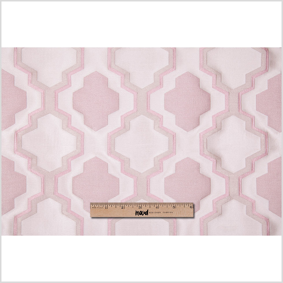 Ivory and Pink Geometric Lines and Shapes Satiny Brocade - Full