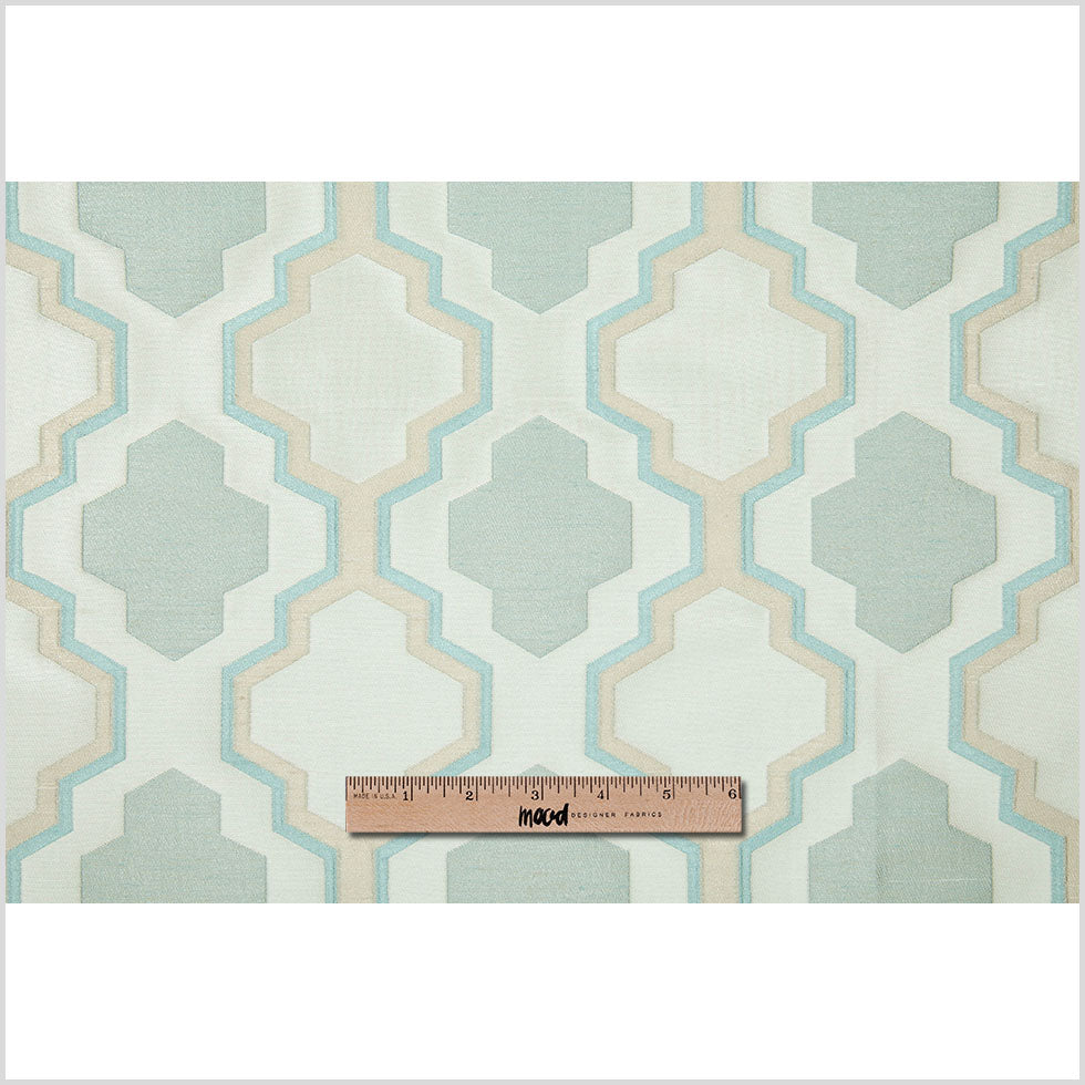 Ivory and Aqua Geometric Lines and Shapes Satiny Brocade - Full