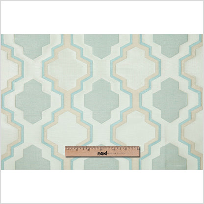 Ivory and Aqua Geometric Lines and Shapes Satiny Brocade - Full