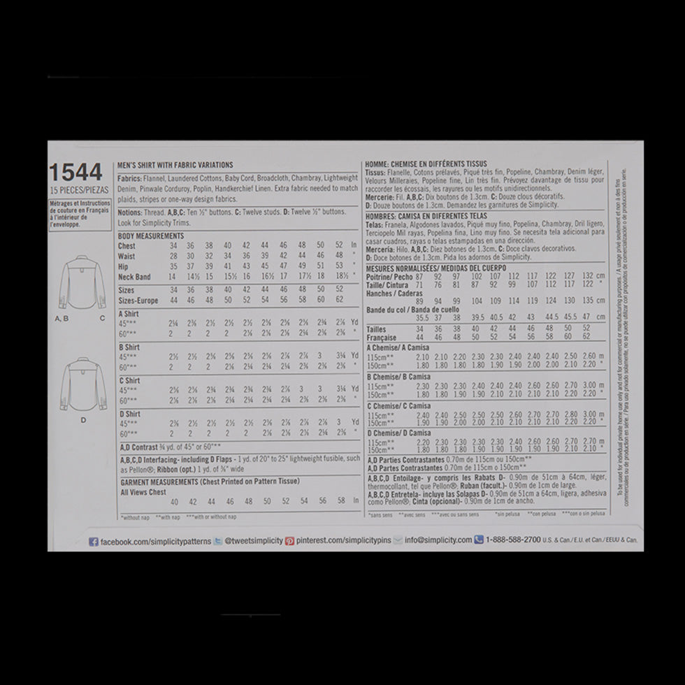 Simplicity Men's Shirt Pattern 1544 Size AA Detail