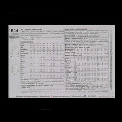 Simplicity Men's Shirt Pattern 1544 Size AA Detail