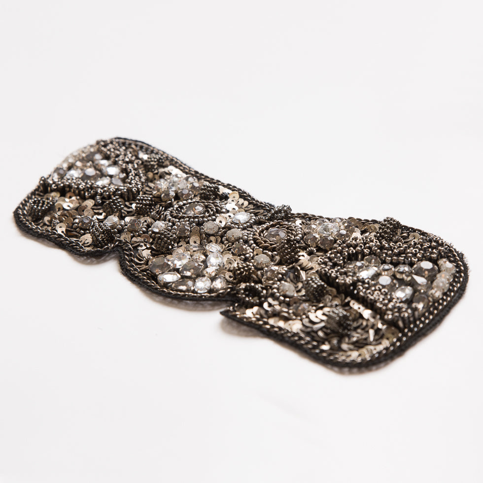 Black and Gunmetal Beaded and Sequined Rhinestone Applique - 8" Detail