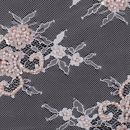 White/Pink Scallop Edge Beaded and Sequined Floral Lace - Detail