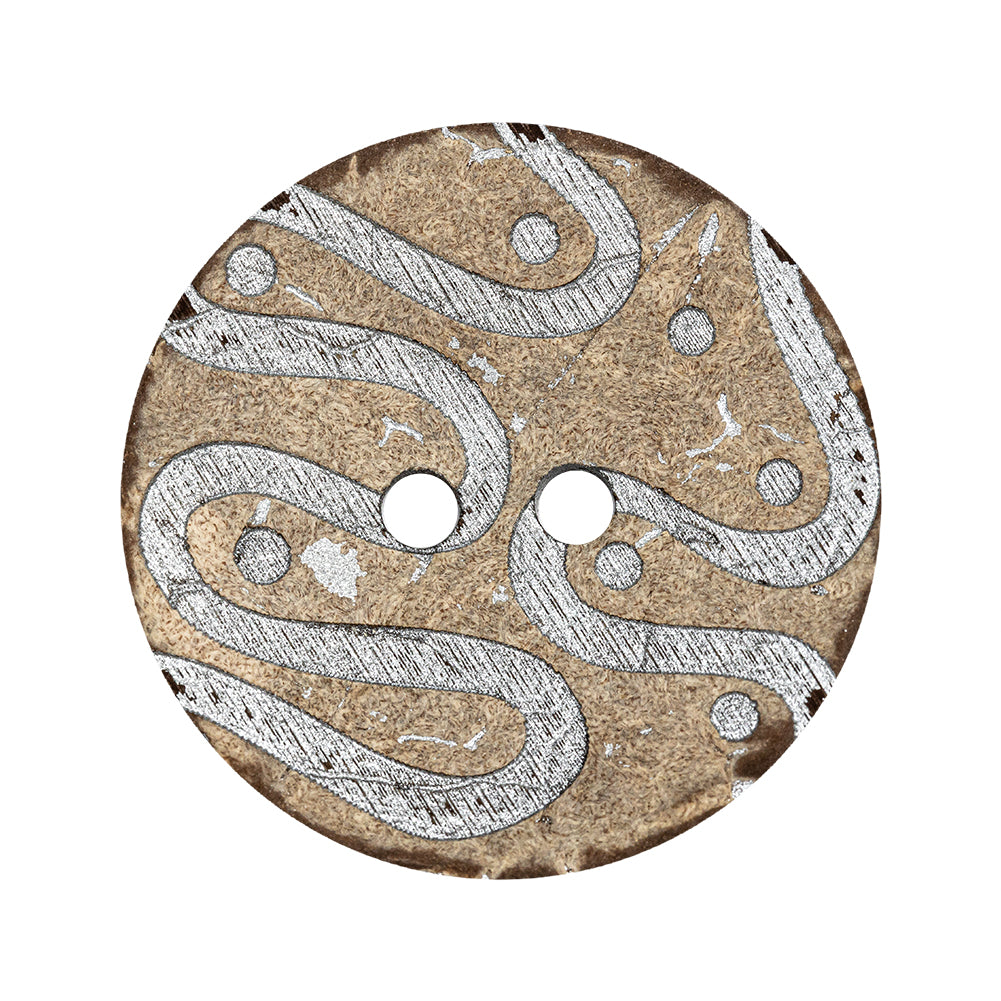 Italian Beige and Silver Swirls Etched Coconut Button - 48L/30.5mm