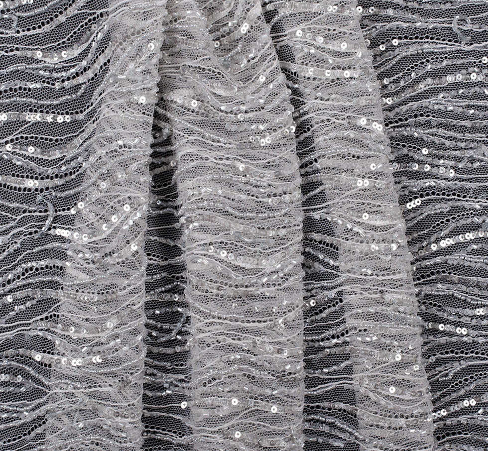 Silver Scallop Edge Beaded and Sequined Lace - Detail