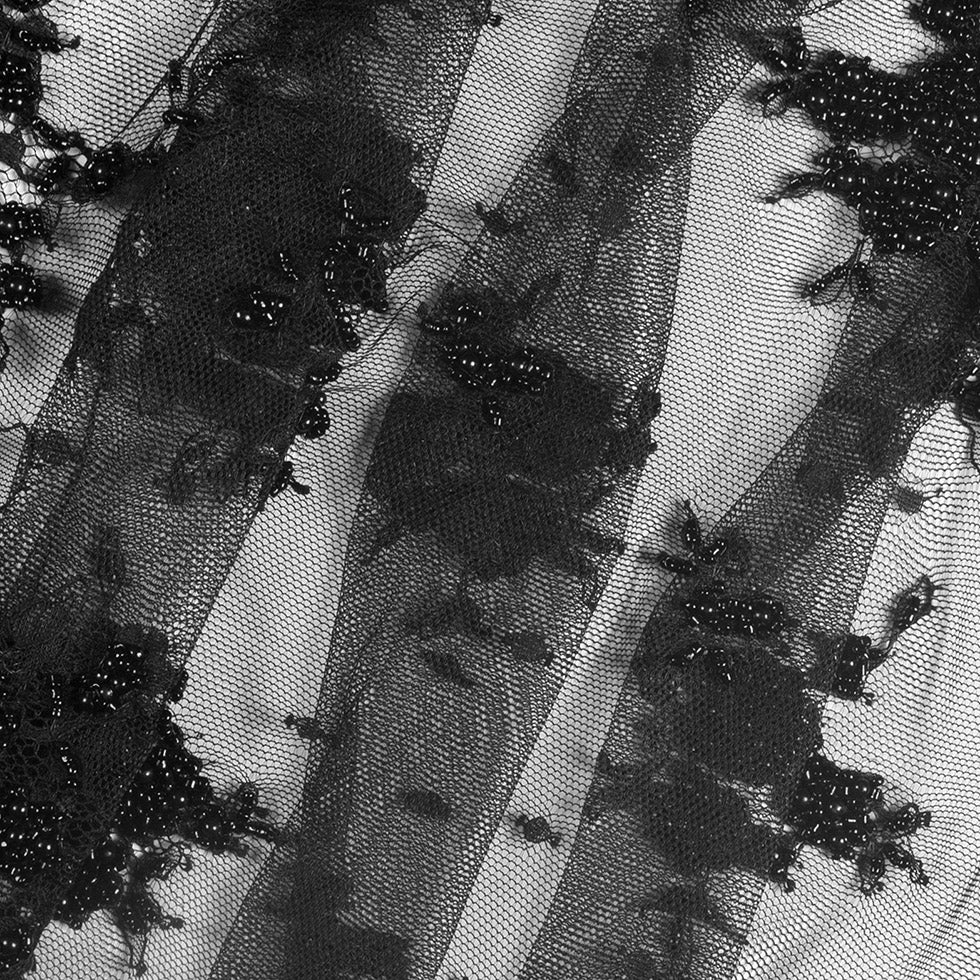 Black Scallop Edge Lacey Floral Beaded Mesh Folded