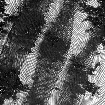 Black Scallop Edge Lacey Floral Beaded Mesh Folded