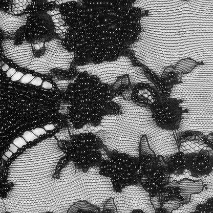 Black Scallop Edge Lacey Floral Beaded Mesh
