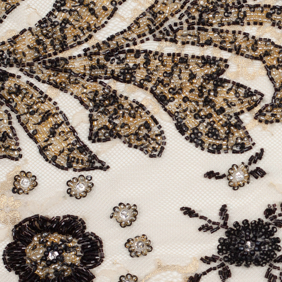 Ivory/Gold/Black Floral Beaded Lace - Detail