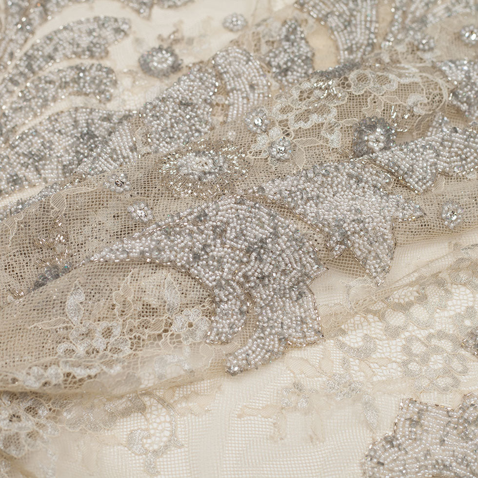 Beaded Lace - Ivory and Silver Floral Detail