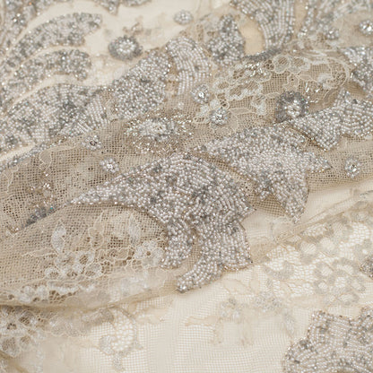 Beaded Lace - Ivory and Silver Floral Detail