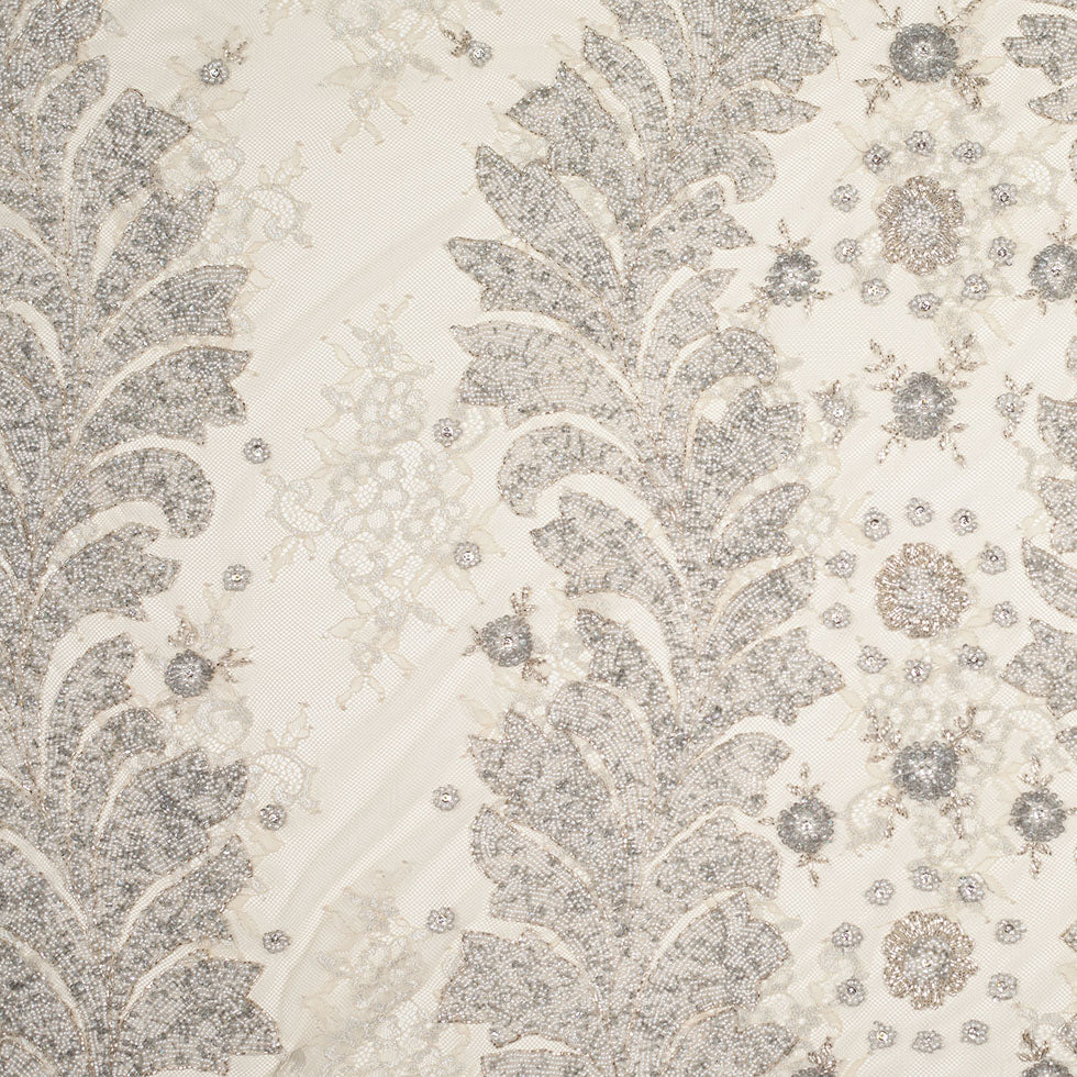 Beaded Lace - Ivory and Silver Floral