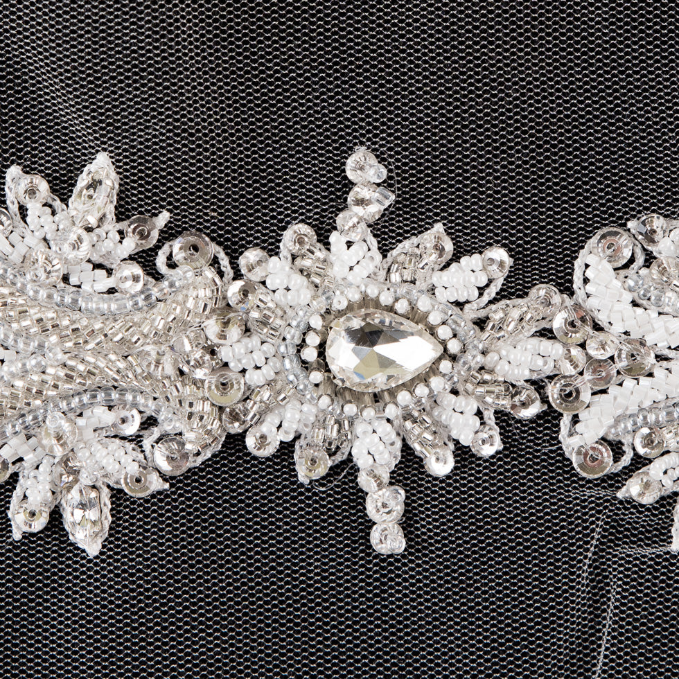 White Beaded Trim with Rhinestones - 3.5" Detail