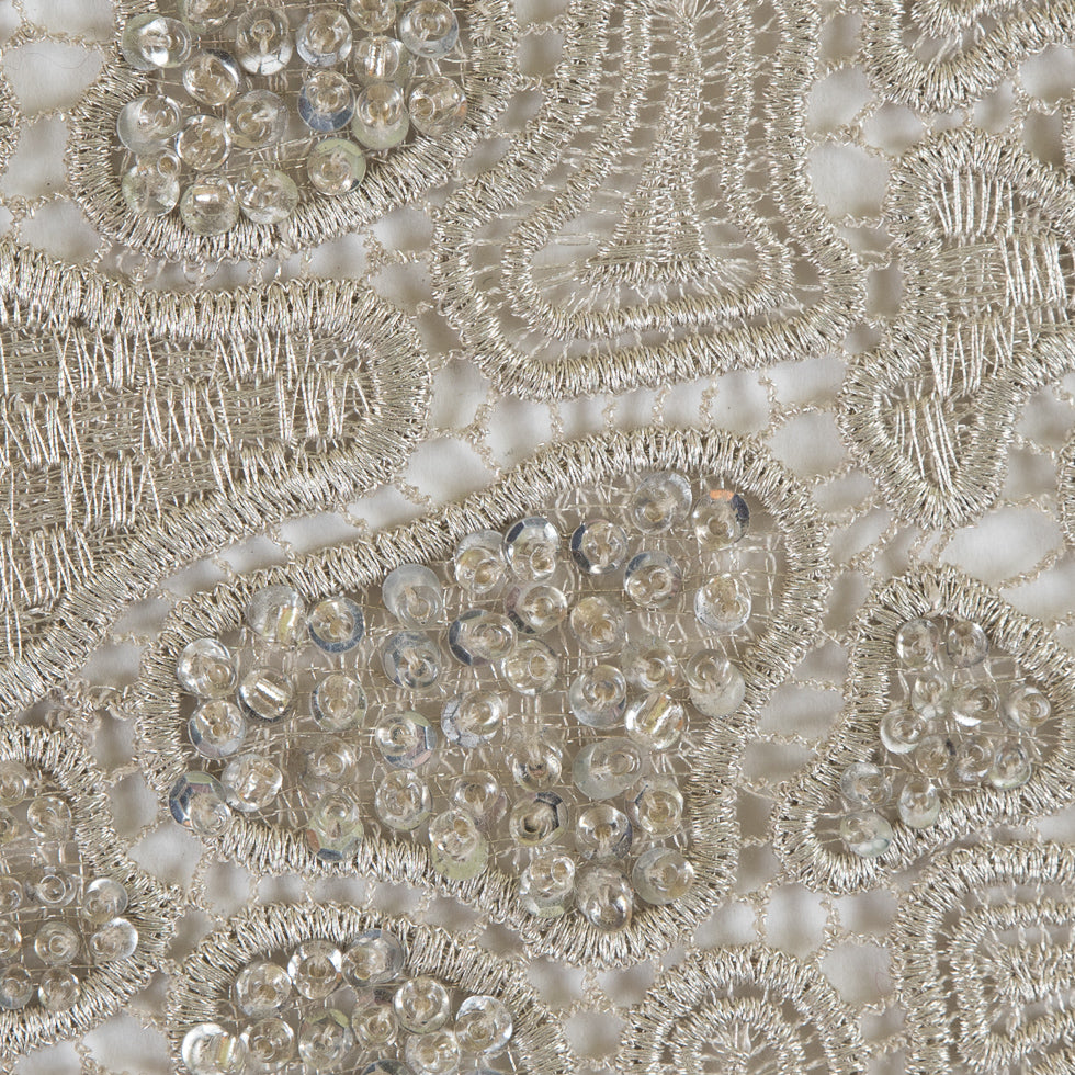 Fancy Beaded Guipure Lace - Dark Silver Detail