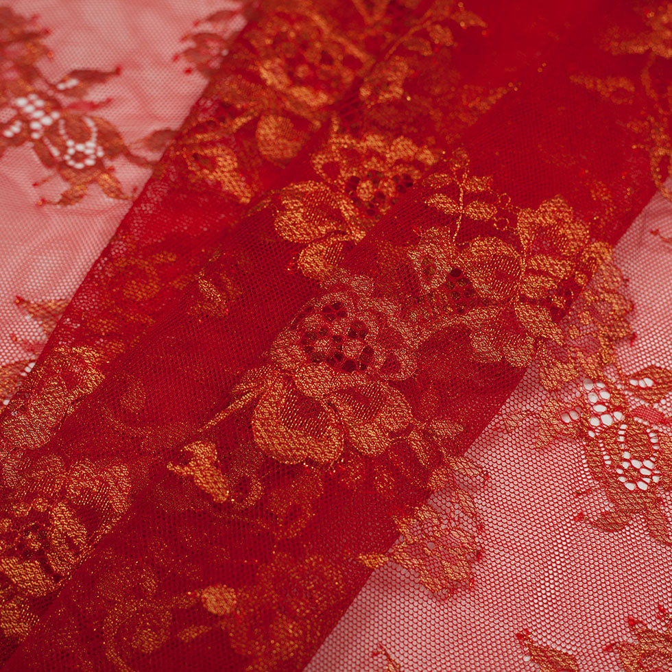 Red and Metallic Gold Floral Lace - Folded