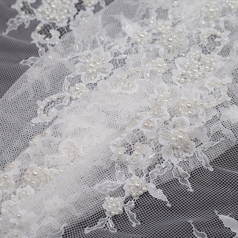 Bright White Floral Beaded Lace - Folded