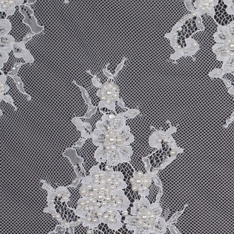 Bright White Floral Beaded Lace - Detail