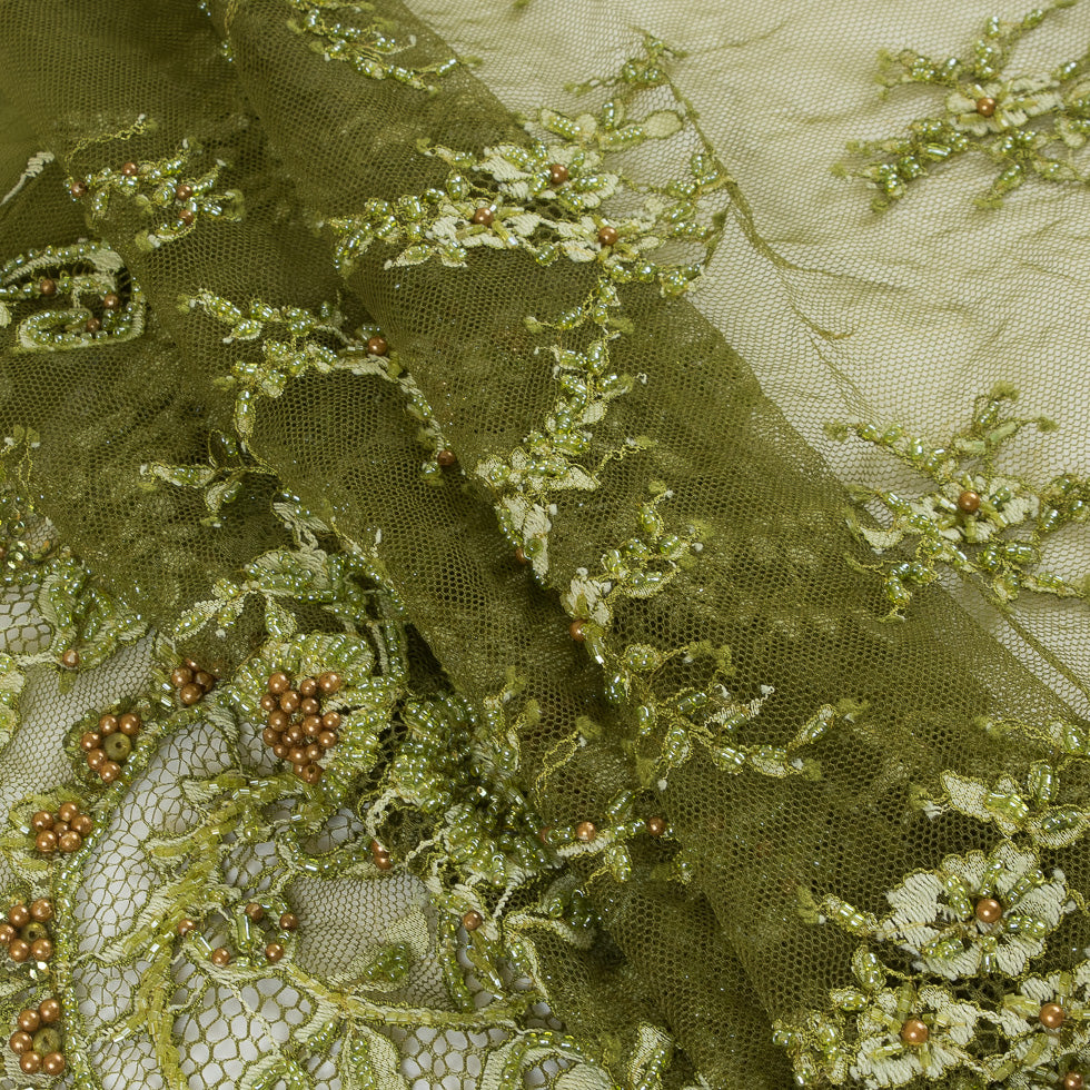 Olive Fancy Beaded Lace w/ Scalloped Edges Folded