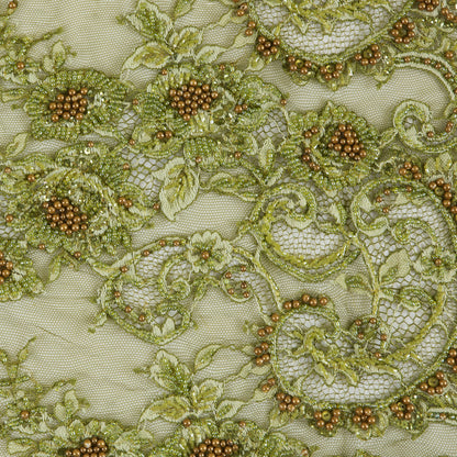 Olive Fancy Beaded Lace w/ Scalloped Edges