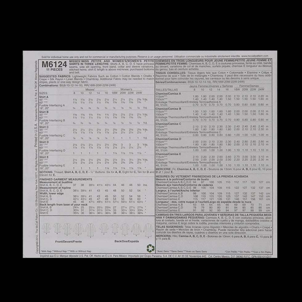 McCall's Shirt Pattern M6124 Size RR - Detail