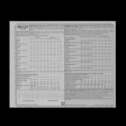 McCall's Shirt Pattern M6124 Size RR - Detail