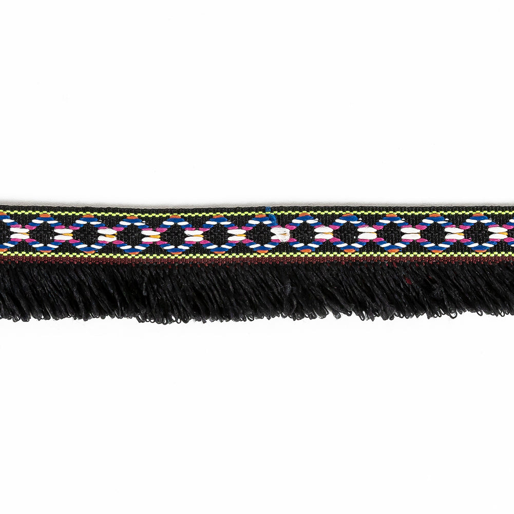 Multicolored and Black Tribal Brushed Fringe Trim - 1.125" Detail