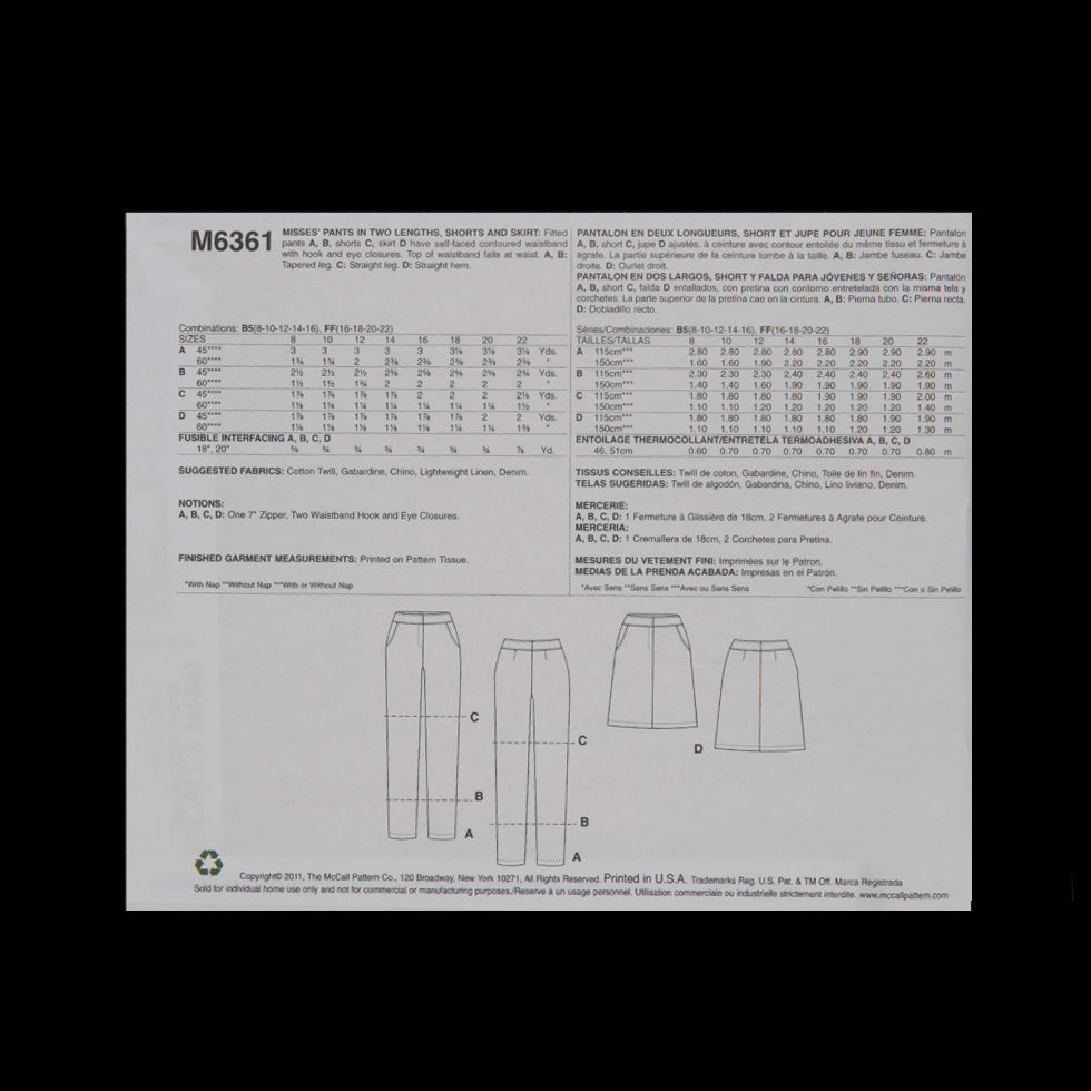 McCall's Bottom Pattern M6361 Size B5 Detail