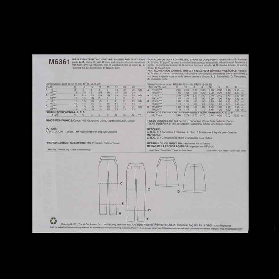 McCall's Bottom Pattern M6361 Size B5 Detail