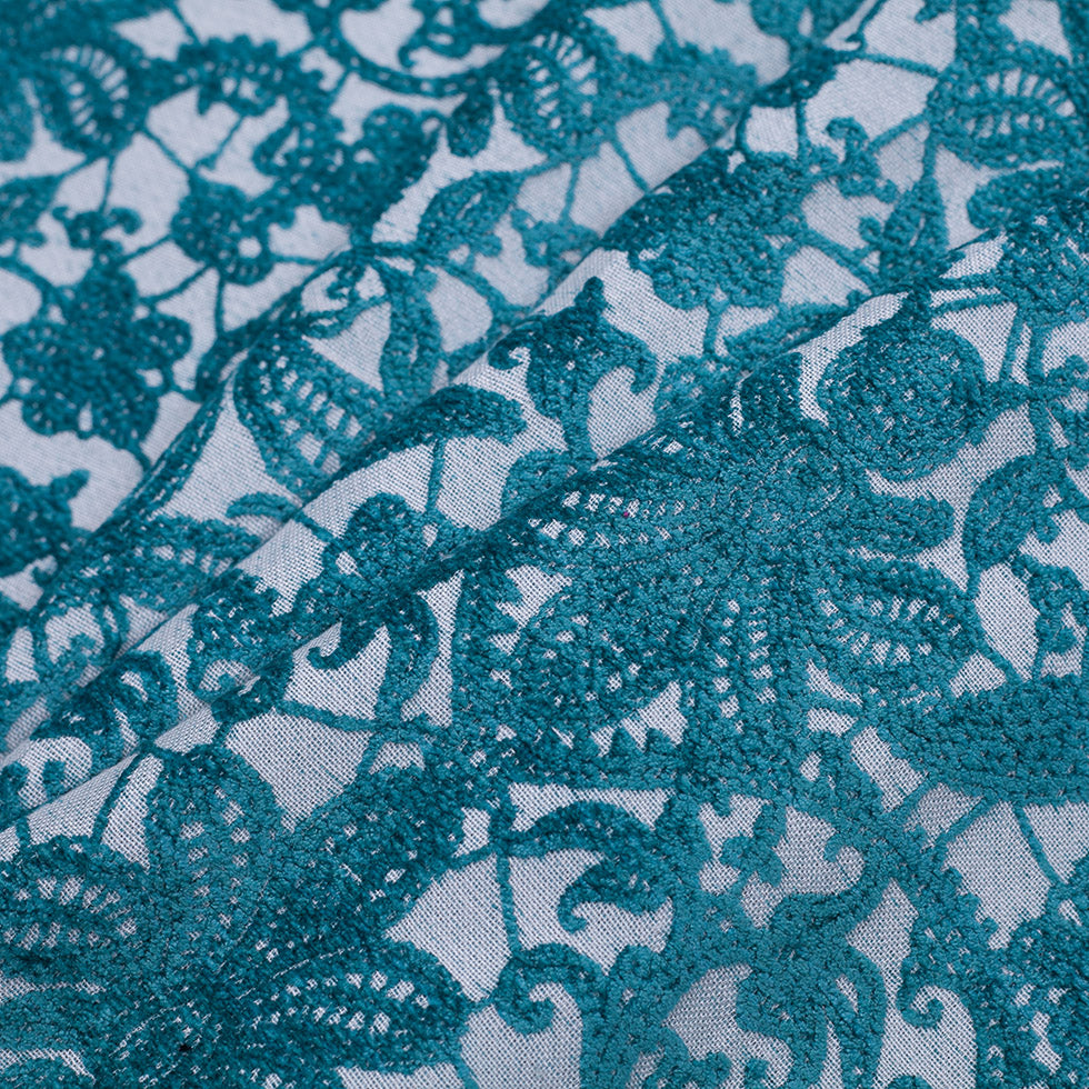 Turquoise Polyester-Viscose Embroidered Woven Folded