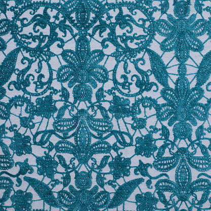 Turquoise Polyester-Viscose Embroidered Woven