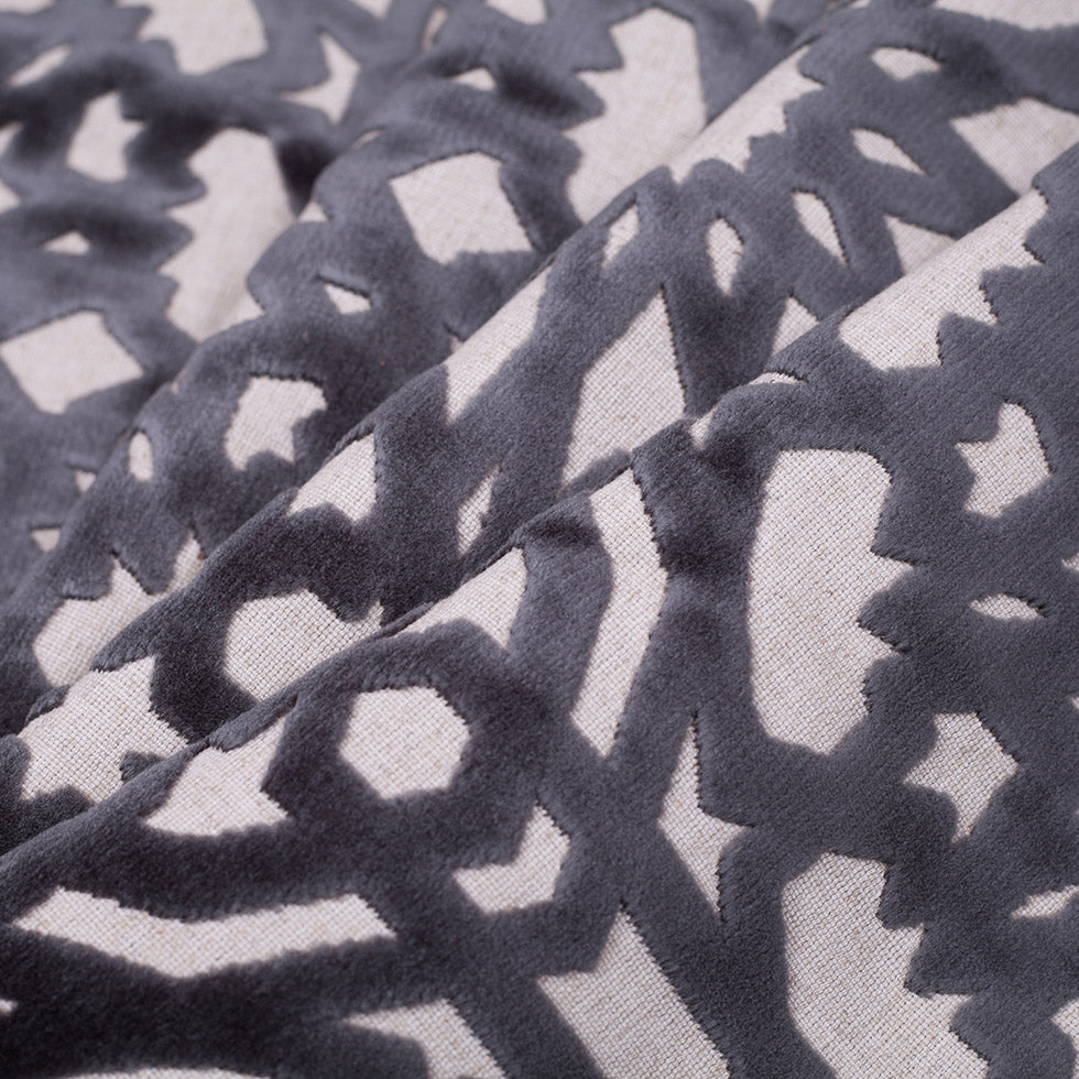 Turkish Gunmetal Geometric Polyester-Acrylic-Flax Flocked Chenille - Folded