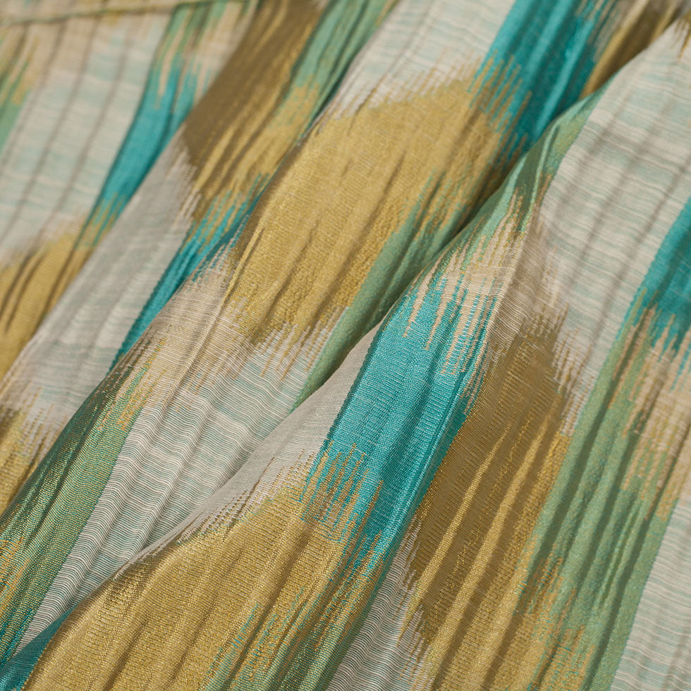 Indian Blue/Gold Ikat-Like Poly/Cotton Brocade - Folded
