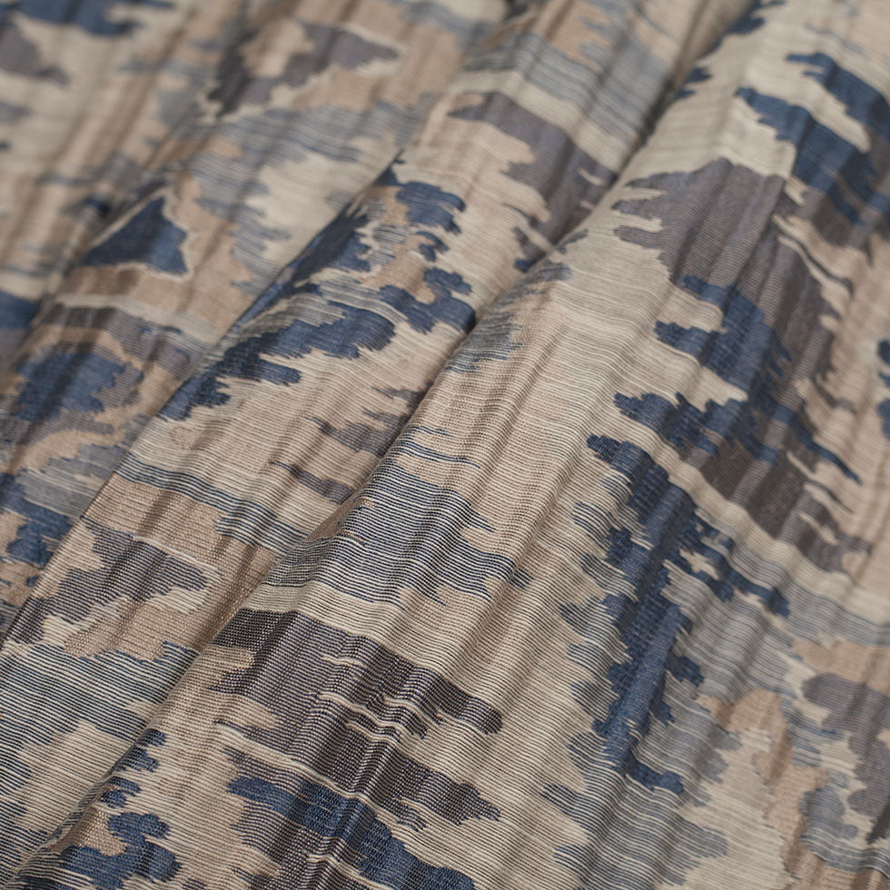 Indian Blue/Beige Ikat-Like Geometric Poly/Cotton Brocade - Folded