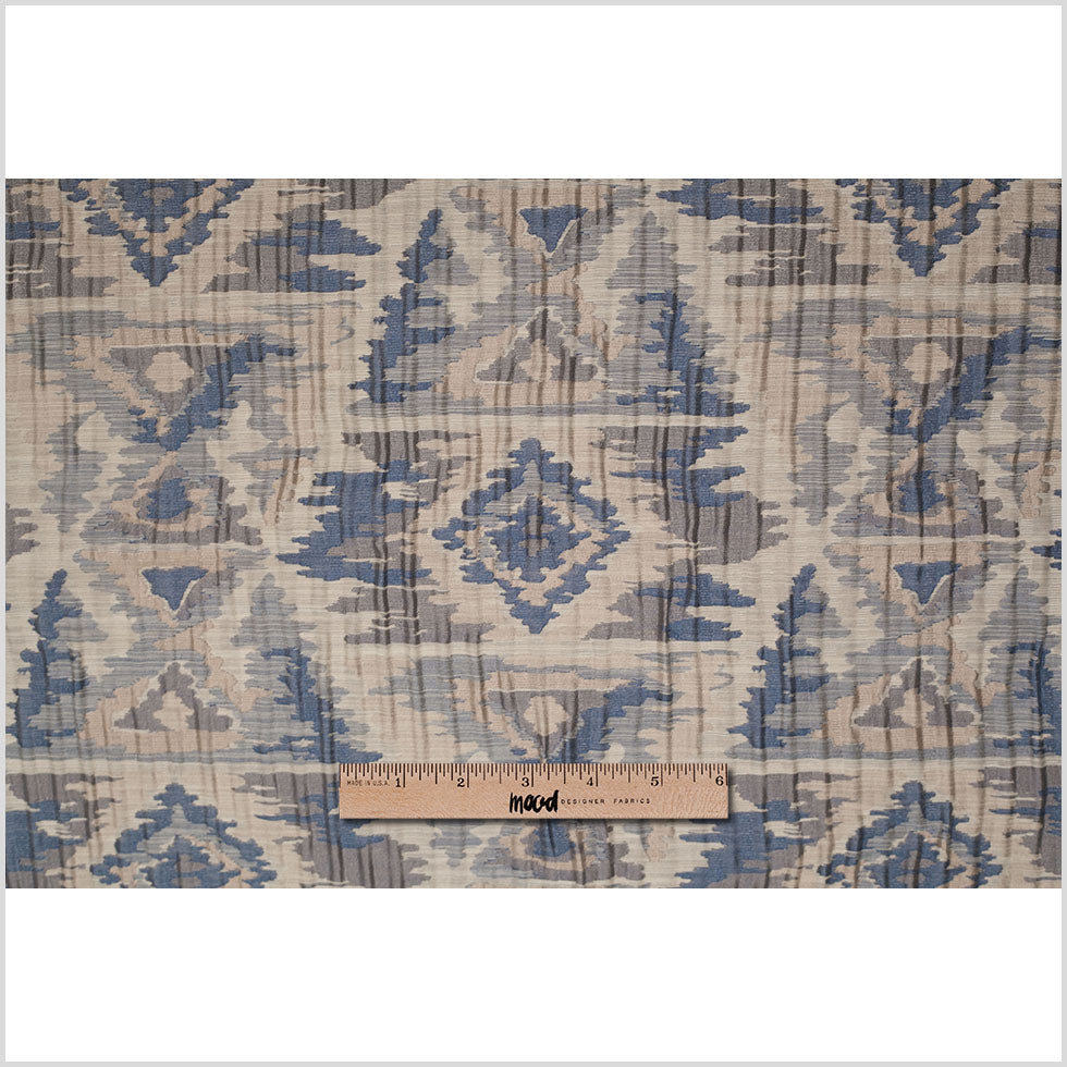 Indian Blue/Beige Ikat-Like Geometric Poly/Cotton Brocade - Full