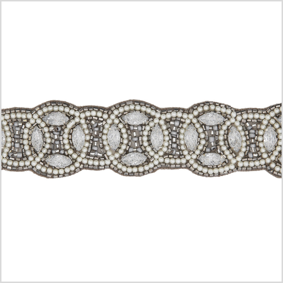 1.5 Pearl/Gunmetal Beaded Rhinestone Trim