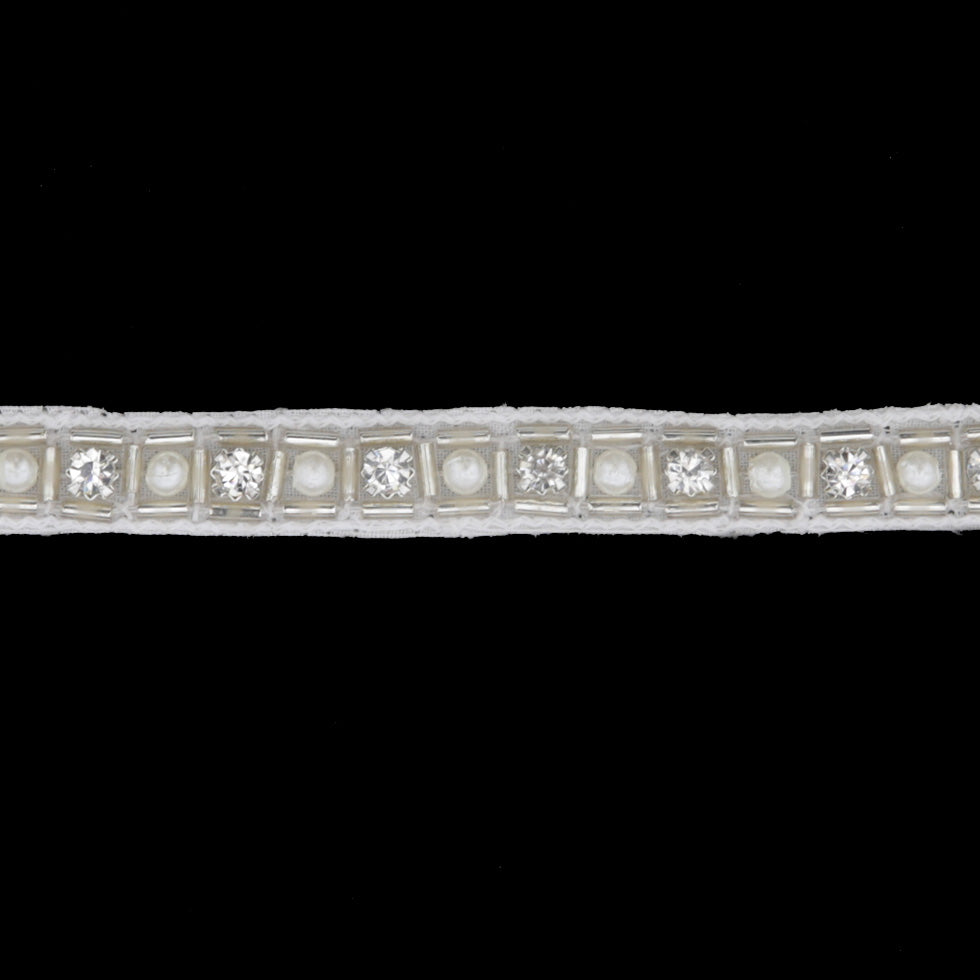 0.375" Silver/White Beaded Pearl and Rhinestone Trim