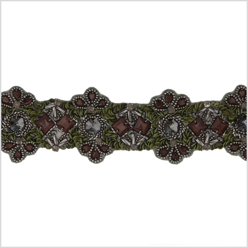 2.25" Gunmetal/Green Beaded Rhinestone Trim