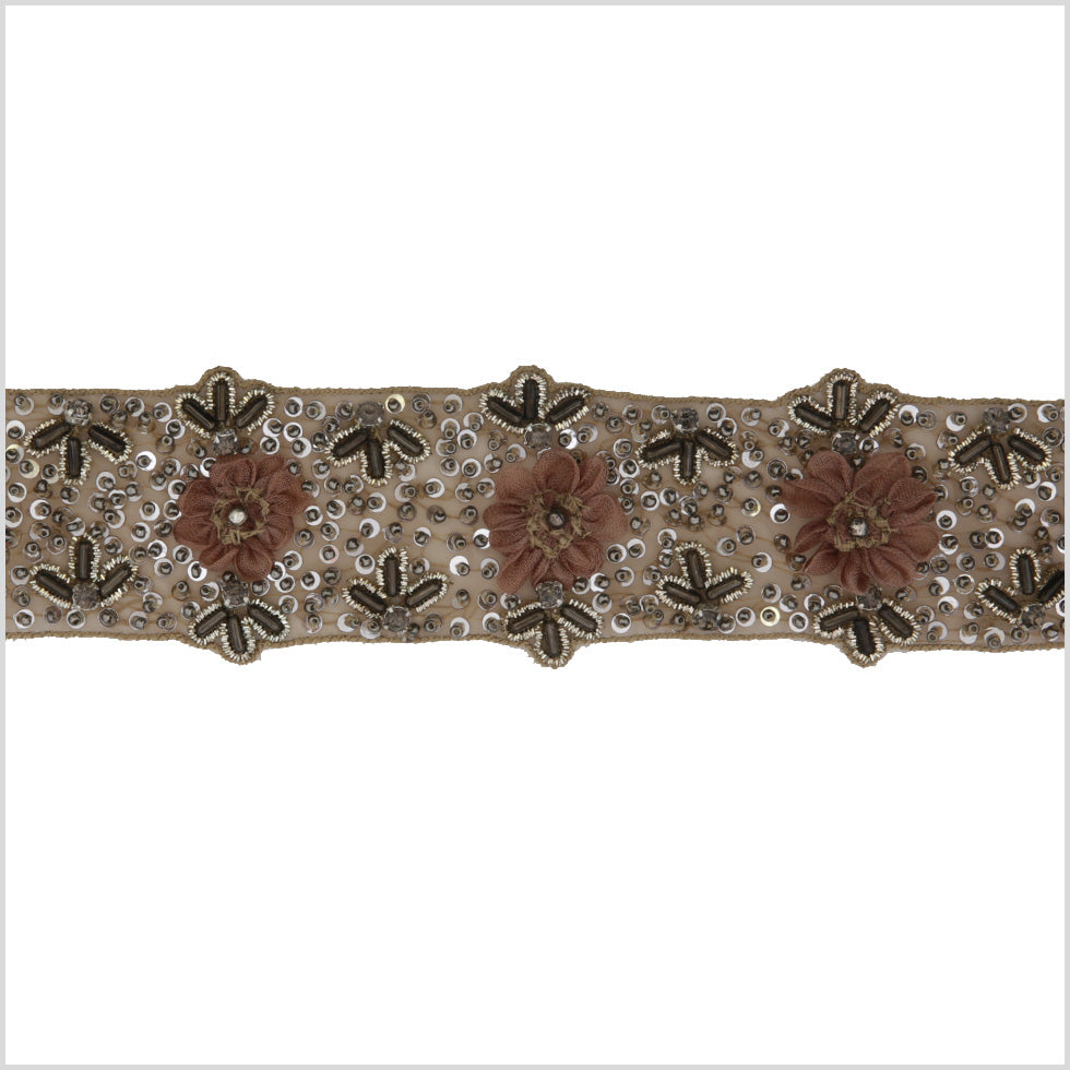 2 Beige Floral Beaded Rhinestone Trim