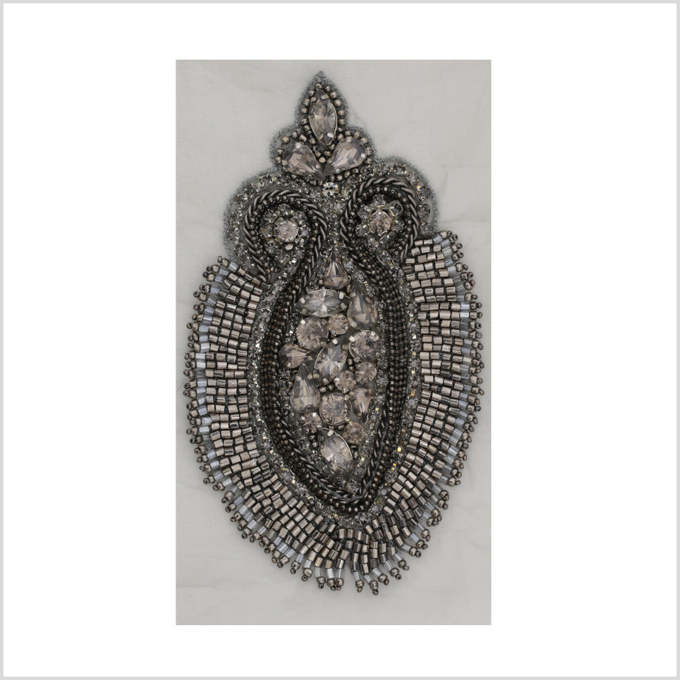 Gunmetal Beaded Rhinestone Applique on Gray Organza
