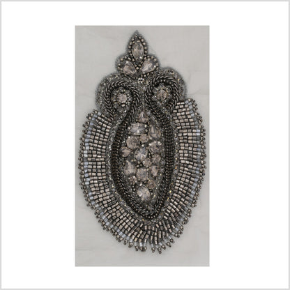 Gunmetal Beaded Rhinestone Applique on Gray Organza