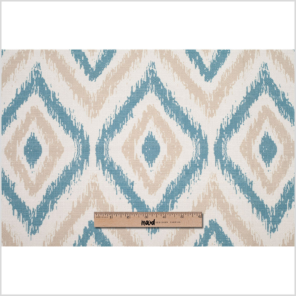 Spanish Blue/Beige Ikat-Like Geometric Poly/Cotton Canvas Full