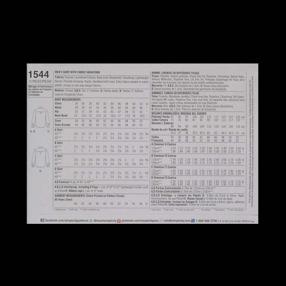 Simplicity Men's Shirt Pattern 1544 Size BB - Detail