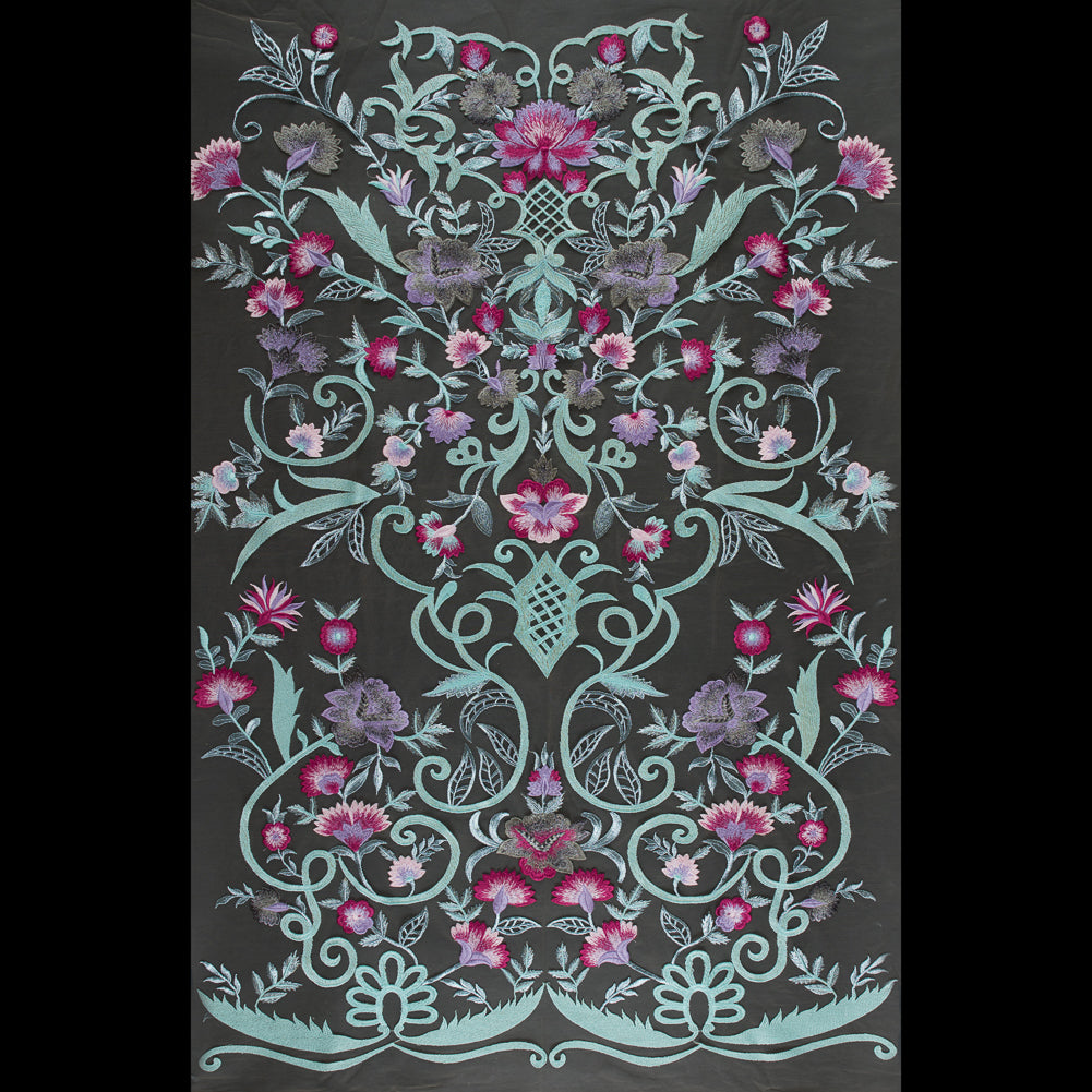Embroidered Tulle Panel - Metallic Aqua and Fuchsia Floral Folded