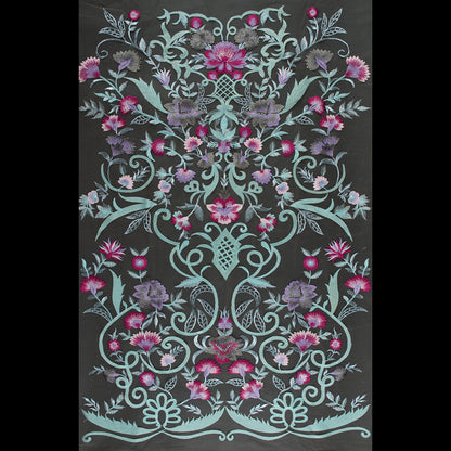 Embroidered Tulle Panel - Metallic Aqua and Fuchsia Floral Folded