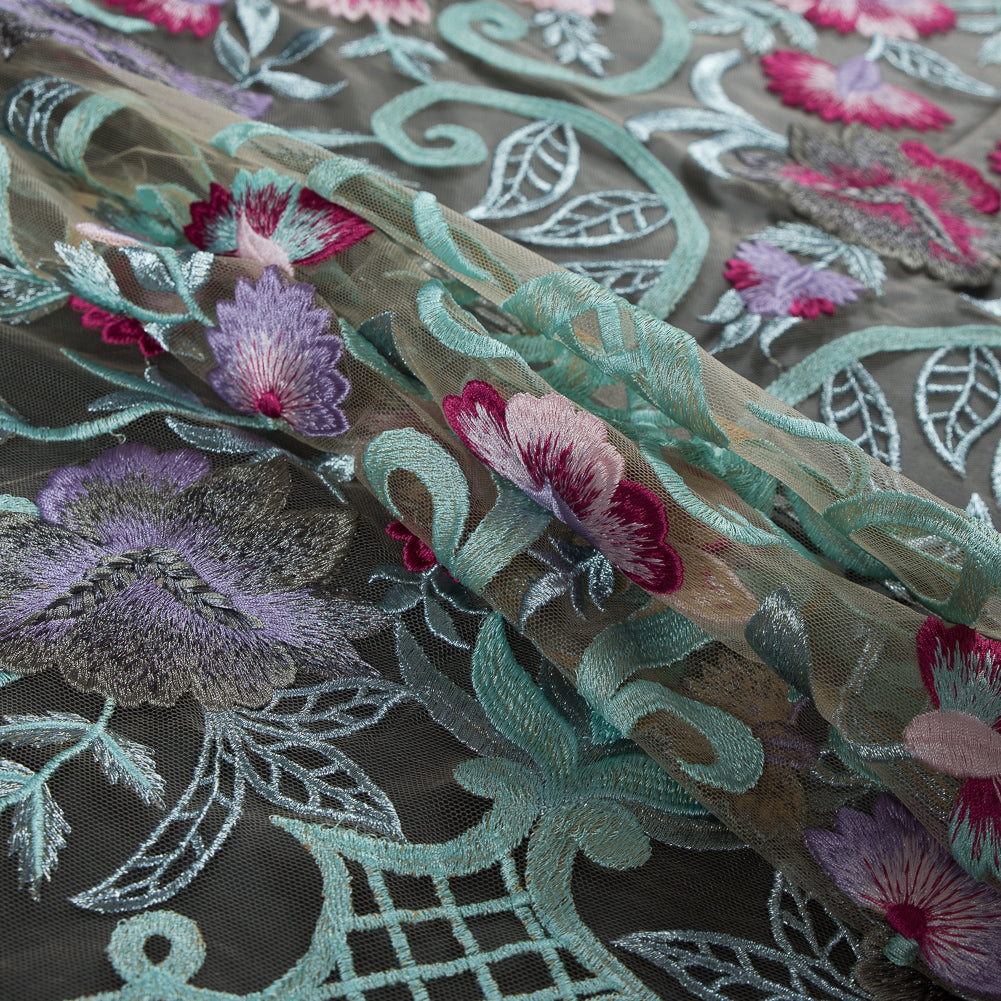 Embroidered Tulle Panel - Metallic Aqua and Fuchsia Floral Detail